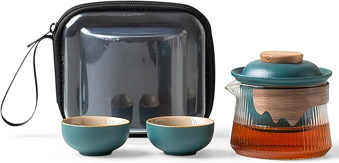 fanquare Ceramic Tea Pot Set Porcelain Kung Fu Teapot Set with 2 Mini Teacups Infuser Portable Handbag for Travel Tea Pot with Wooden Protection, Green - Bloomnest