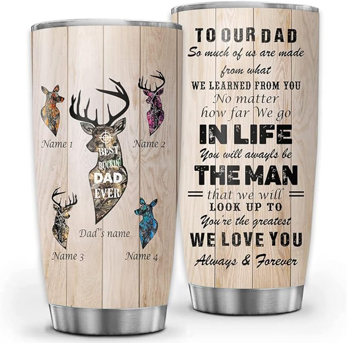 Custom Best Buckin' Dad Ever Deer Hunting Father Personalized Tumbler Cup Father's Day Gift, Gift For Hunting Dad, Dad, Father, Papa, Grandpa 20oz Insulated Coffee/Tea Tumbler with Lid - Bloomnest