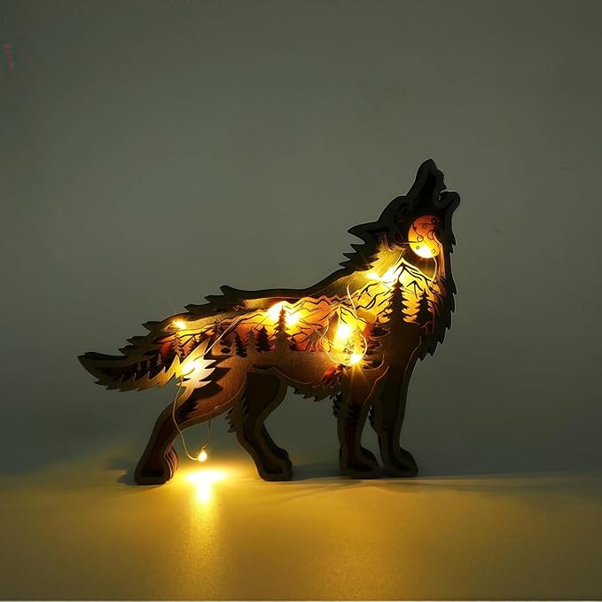 3D Wood Carving Animals Lamp Home Decorative, Cute Bear Family Elephant Presents Ideas Christmas Living Room Office Decor Warm LED Night Lights Gift for Friend Daughter Son Mom Dad (Wolf) - Bloomnest