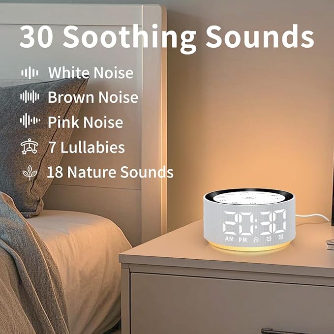 Sound Machine White Brown Noise Machine with 30 Sleeping Sounds for Baby Kids Adults Night Light Bedroom Alarm Clock 2 Alarms Backup Battery 32-Level Vol 15 Wake up Sounds for Mild Heavy Sleeper