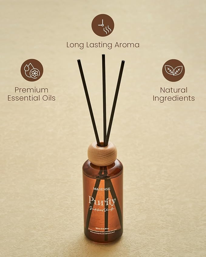 M&SENSE Reed Diffuser Set, Sandalwood Vanilla Scented 6.3 fl oz Natural Essential Oil Diffusers with Sticks, Non-Toxic Organic Air Freshener, Long-Lasting Fragrance Oils for Bedroom Gifts for Women MSENSE