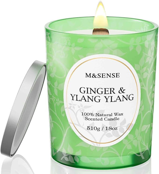 M&SENSE Ginger Ylang Ylang Scented Candle, Cracking Wooden Wick Soy Wax, 18oz 100 Hours Long Lasting Clean Burn, Large Jar Candles for Home Decor, Non-Toxic Relaxing Aromatherapy Gifts for Women - Bloomnest