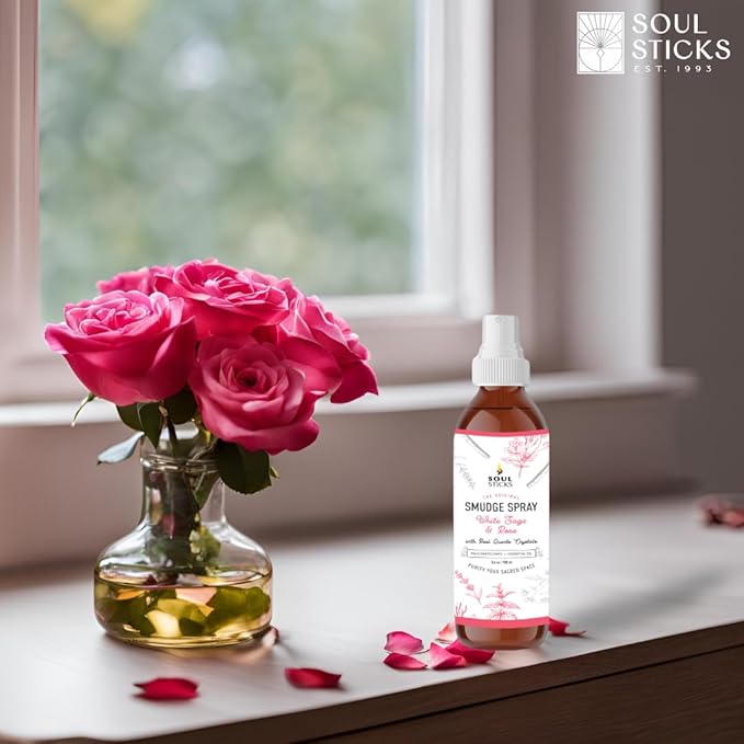 SOUL STICKS White Sage & Rose Smudge Spray For Cleansing and Negative Energy | 3.5oz Sage Smudge Spray with Real Quartz Crystals | Car Air Freshner Fragrance Sage Room Spray for Spiritual Cleansing SoulSticks