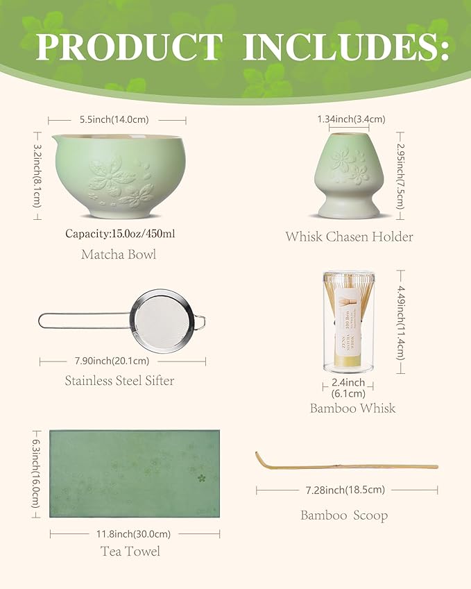 ZENS Matcha Whisk Set, Ceramic Matcha Tea Set with 15oz Sakura Bowl and Bamboo Whisk & Scoop, (Chasen Holder), Stainless Sifter-Tea Towel, 6pcs Matcha Kit for Matcha Lovers, Green - Bloomnest