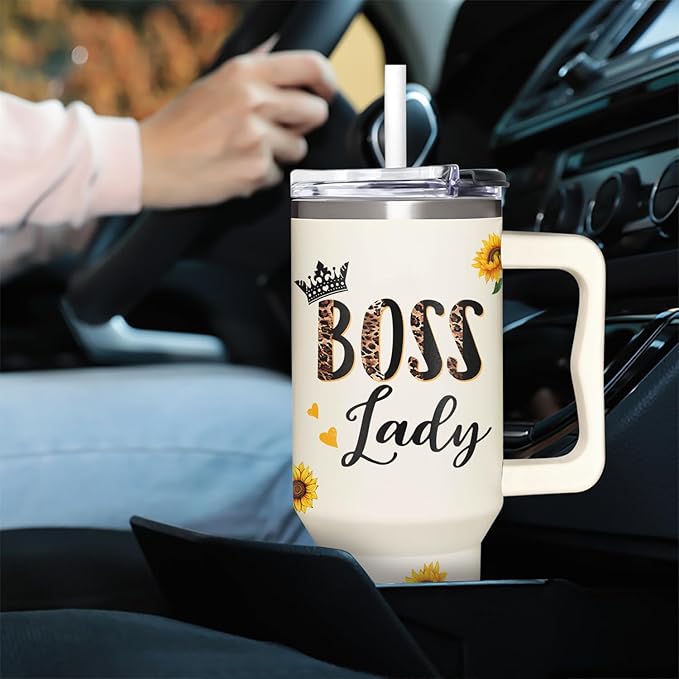 Boss Lady Tumbler 40oz with Handle - Sunflower Gifts for Women, Administrative Professional Day, Christmas - Thank You Gift for Manager - Bloomnest
