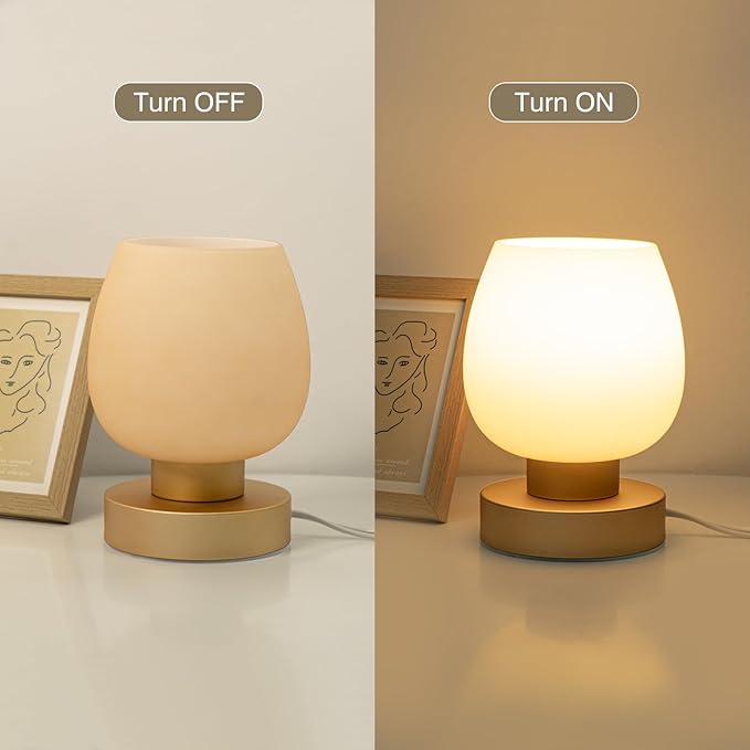 Touch Bedside Table Lamp - Desert Titanium Color Glass Lamp Shade, Warm LED Bulb, 3 Way Dimmable, Simple Design - Bloomnest
