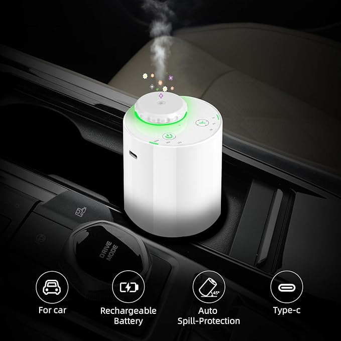Waterless Diffuser for Essential Oil Nebulizer, 7 Colors LED Light, Battery Powered Mini Scent Air Machine, Aromatherapy Mist Diffuser for Home Room Car Office Black (White-2) - Bloomnest