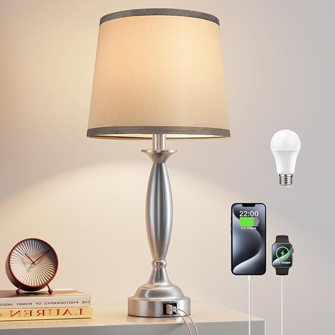 Seealle Lamps for Bedrooms - Touch Control Bedside Lamp with USB C+A, 3 Way Dimmable Nightstand Lamps with USB Port, Brushed Nickel Table Lamp for Living Room Guest Room Bed Side End Table(Single) - Bloomnest