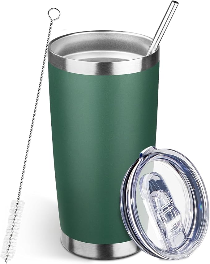 20oz Tumbler Bulk with Lid and Straw, Stainless Steel Double Wall Vacuum Insulated Travel Mug, Powder Coated Coffee Cups for Hot and Cold Drinks,Funny Gifts for Women Men(Dark green,1) - Bloomnest
