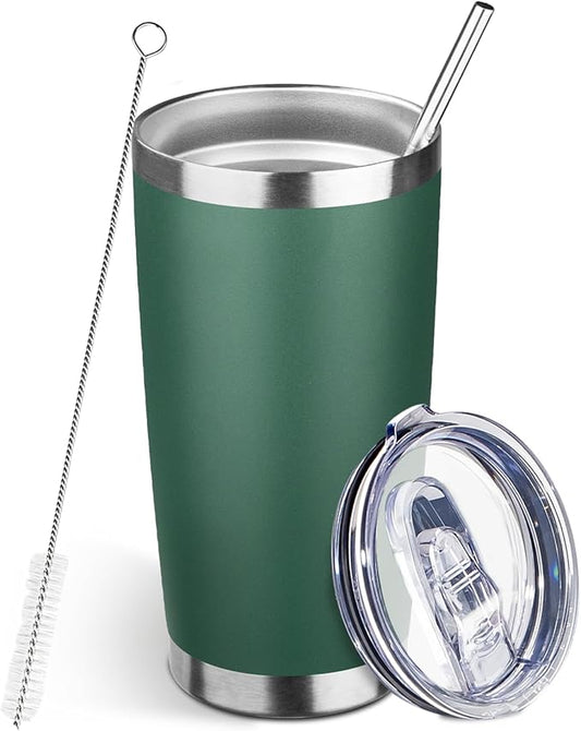 20oz Tumbler Bulk with Lid and Straw, Stainless Steel Double Wall Vacuum Insulated Travel Mug, Powder Coated Coffee Cups for Hot and Cold Drinks,Funny Gifts for Women Men(Dark green,1) - Bloomnest