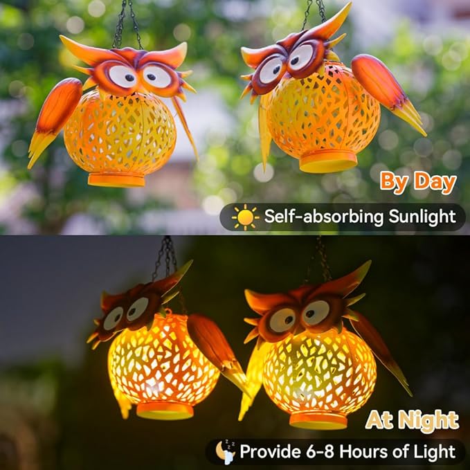 Starsoul 2 Pack Owl Hanging Solar Lanterns Waterproof Solar Garden Lights Outdoor Decorative Metal Owl Lamp Decor for Patio Yard Table - Bloomnest