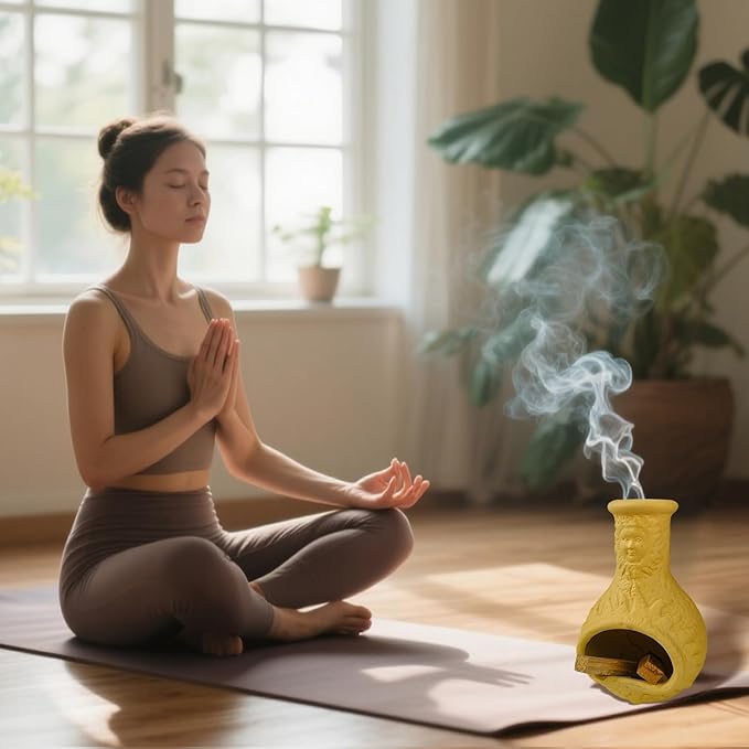 Palo Santo Burner Holder,Yellow Mini Chiminea with Chimney Handmade Smudge Bowl fits sage, Incense Cones, Sticks, Small Candle; with ash Collection. Great for Zen Meditation, Altar Fireplace - Bloomnest