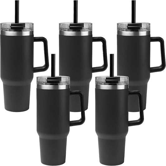5 Ct of 40 Oz Intrepid Stainless Steel Tumbler with Lid, Straw & Handle – Black – Customizable Insulated Cups for Water, Coffee, Hot & Iced Drinks – Great for DIY, Events, Work - Bloomnest