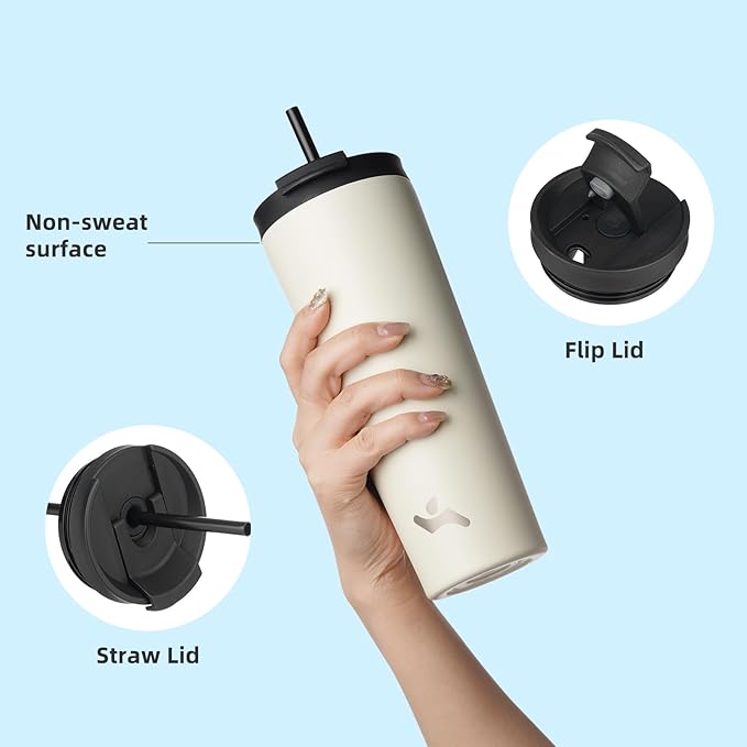 18 OZ Insulated Tumbler with Lid and 2 Straws Stainless Steel Water Bottle Vacuum Travel Mug Coffee Cup,Angel White - Bloomnest