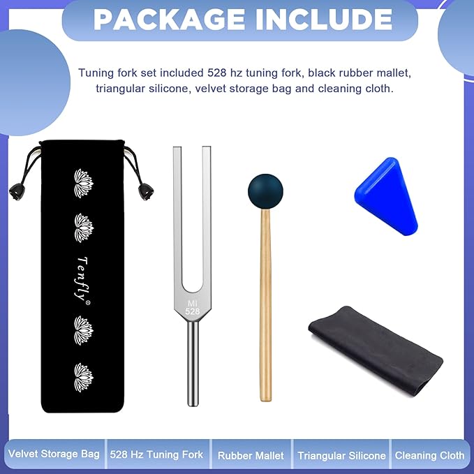 528 Hz Tuning Fork for Healing, DNA Repair, Reliever Stress and Perfect Musical Instrument, Frequency of Love, Silver, with Black Rubber Mallet, Triangular Silicone and Velvet Storage Bag - Bloomnest