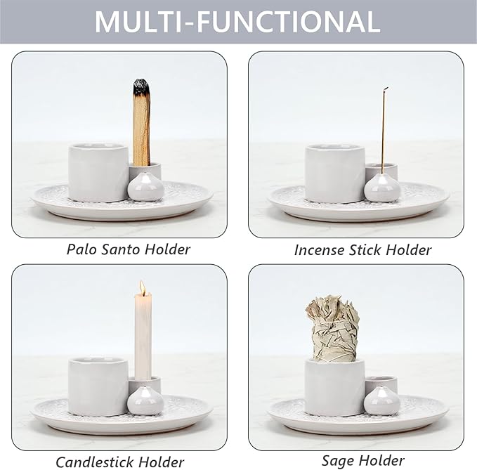 Ceramic Incense Holder Set with Decorative Tray, White, Intricate Pattern Design, 5.9x5.9x2 Inch, for Sticks, Cones, Palo Santo, Sage (White) - Bloomnest