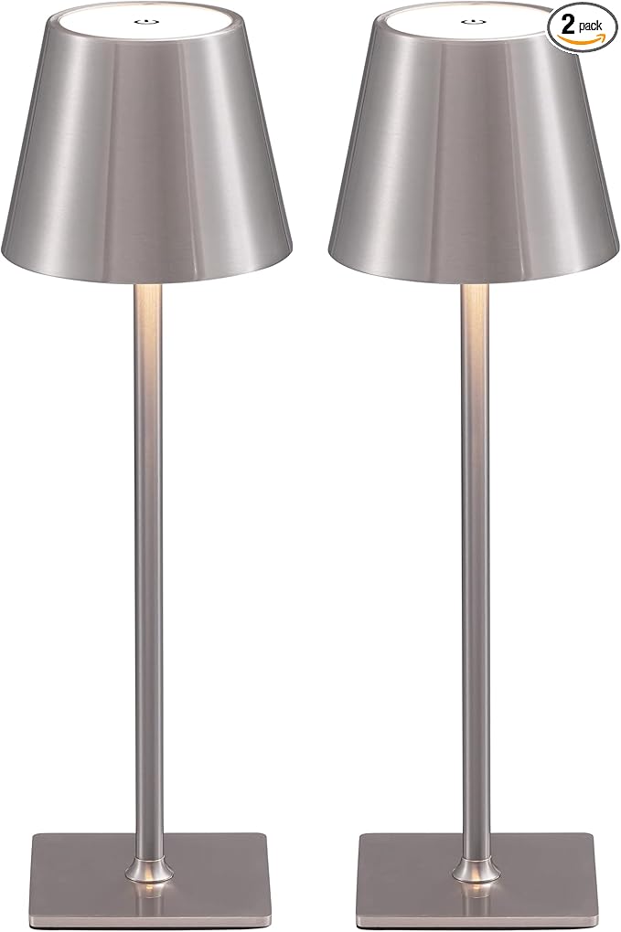 KDG 2 Pack Cordless Table Lamp,Portable LED Desk Lamp, 4000mAh Battery Operated, 3 Color Stepless Dimming Up, for Restaurant/Bedroom/Bars/Outdoor Party/Camping/Coffee Shop Night Light(Brushed Nickel) - Bloomnest
