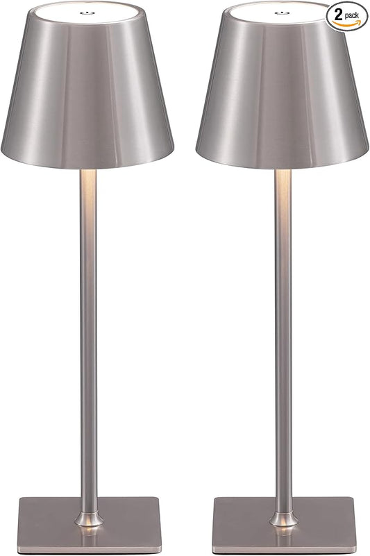 KDG 2 Pack Cordless Table Lamp,Portable LED Desk Lamp, 4000mAh Battery Operated, 3 Color Stepless Dimming Up, for Restaurant/Bedroom/Bars/Outdoor Party/Camping/Coffee Shop Night Light(Brushed Nickel) - Bloomnest