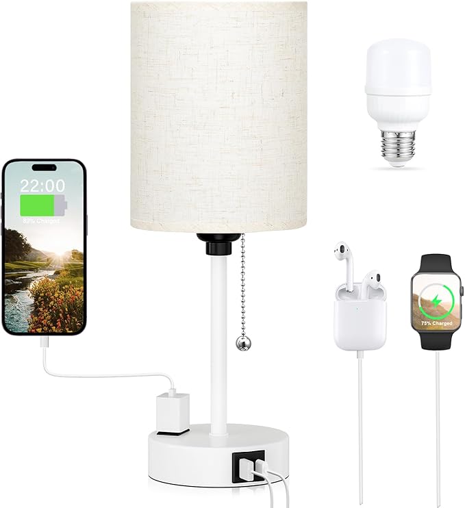 Small Bedside Lamp for Bedroom Nightstand - 3000K 4000K 5000K Bedside Lamps with USB C and A Ports, Pull Chain Table Lamps with AC Outlet, Nightstand Lamps with White Metal Base for Kids Reading - Bloomnest