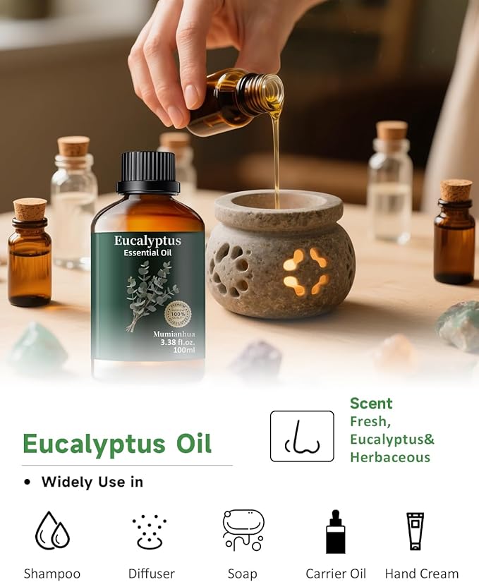 Pure Eucalyptus Essential Oil, Mumianhua Natural Eucalyptus Oil for Diffuser, Face, Skin, Aromatherapy, Hair, Scalp and Body Massage,Spray Candle Making, Outdoor Freshness, Invigorating Air 3.38 Fl Oz - Bloomnest