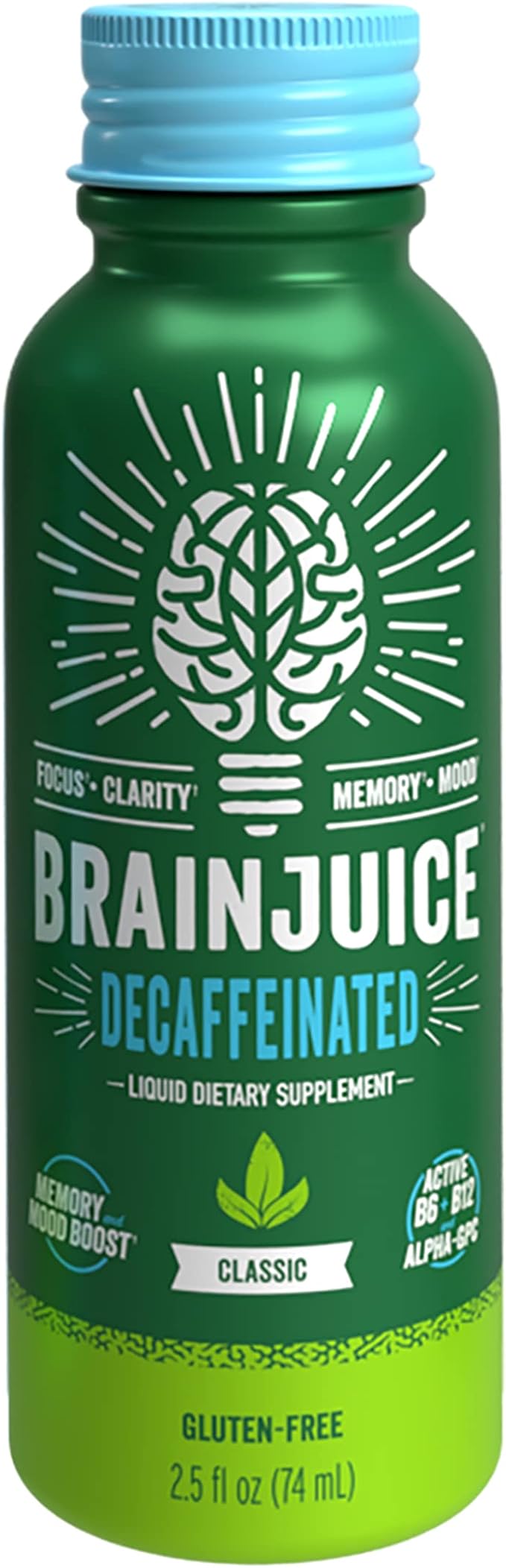 BrainJuice Decaf Brain Support Shot, Gluten Free Supplement Shots for Energy & Focus, Healthy Drinks with Alpha GPC, Vitamin B & Decaffeinated Green Tea Leaf, Classic, 2.5 fl oz, 12 Pack - Bloomnest