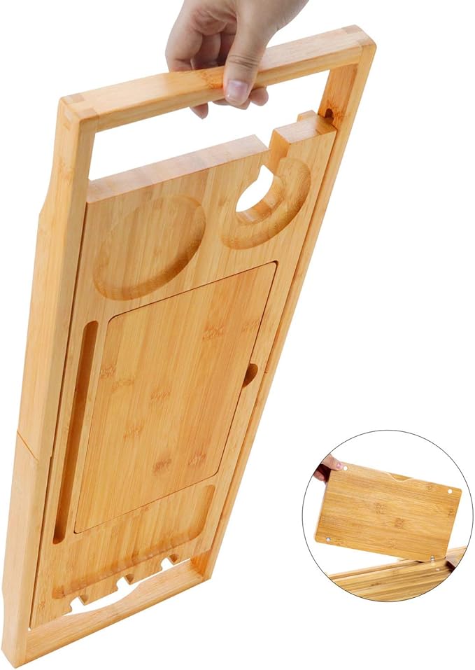 Utoplike Bamboo Bathtub Caddy Tray Bath Tray for Tub, Adjustable Bathroom Bathtub Organizer with Book Tablet Wine Glass Cup Towel Holder (24.5"-37.4") - Bloomnest