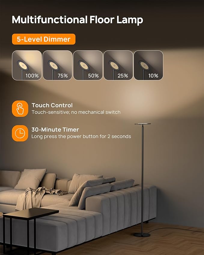 TROND Floor Lamp, 5000LM Super Bright Sky LED Modern Torchiere Standing Lamp, 3000K Warm White Light, 5-Level Dimmable, Modular 71 in Tall Pole Light, 30-Minute Timer for Living Room, Bed Room - Bloomnest