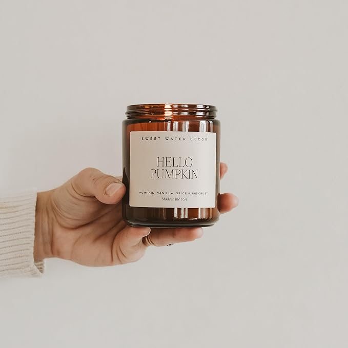 Sweet Water Decor Hello Pumpkin Candle - Fall Soy Candles with Pumpkin, Warm Spices, Vanilla and Buttery Pie Crust - Pumpkin Candles for Home with 40 Hours Burn Time - 9Oz Black Lid Amber Jar Candle - Bloomnest