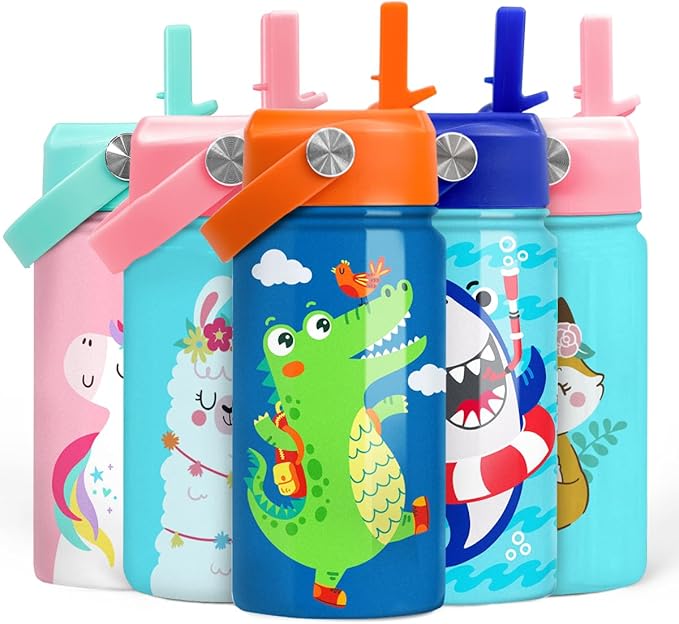 SANDJEST Crocodile Water Bottle - Kids Water Bottle with Straw Lid - 12 Oz Insulated Stainless Steel Water Bottles for Kid Boys - Travel Cup for School Sports - Bloomnest