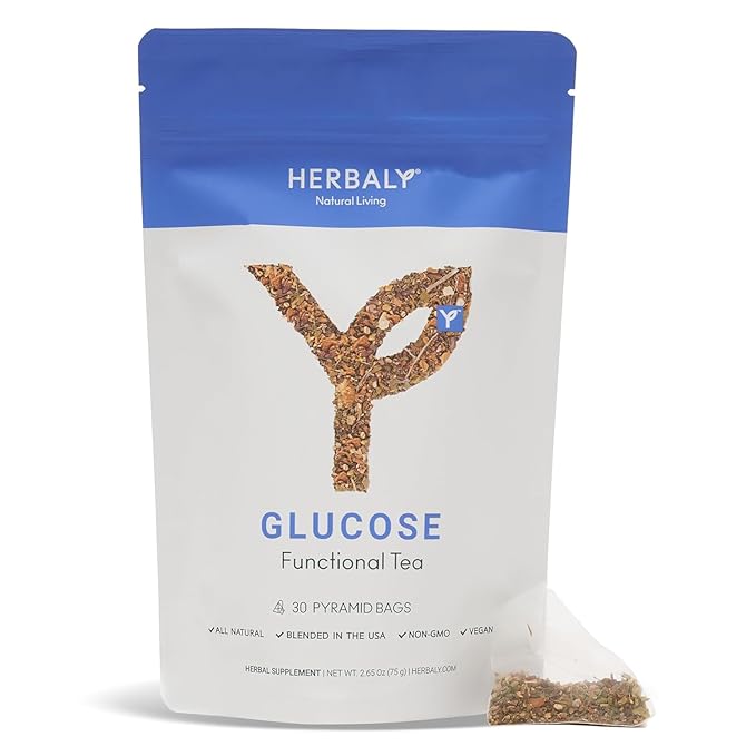 Herbaly Glucose Functional Tea - Vitality & Wellness - Gymnema Sylvestre, Ceylon Cinnamon, Bitter Melon, Dandelion Root, Fenugreek - Daily Teas - Organic Plant-Based Tea Bag Pyramids - 30 ct - Bloomnest
