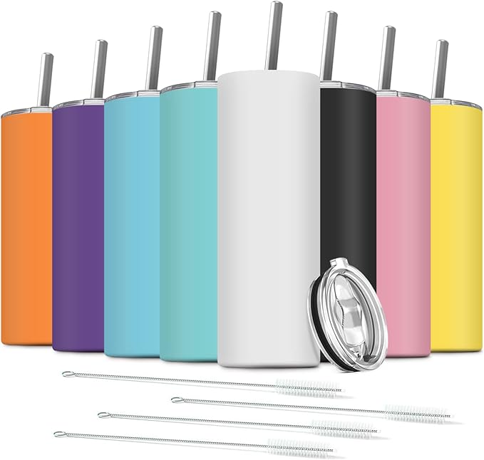 8 Pack Stainless Steel Skinny Tumbler, 20 OZ Double-Insulated Water Tumbler Cup with 8 Straw and 4 Brush, Vacuum Travel Mug Gift for Hot Cold Drinks with Cleaning(Assorted Colors) - Bloomnest