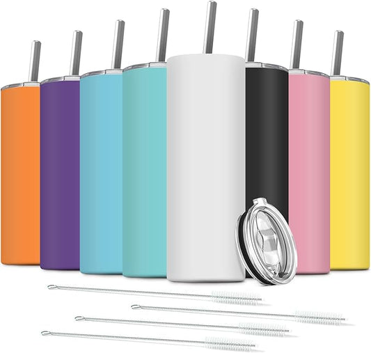 8 Pack Stainless Steel Skinny Tumbler, 20 OZ Double-Insulated Water Tumbler Cup with 8 Straw and 4 Brush, Vacuum Travel Mug Gift for Hot Cold Drinks with Cleaning(Assorted Colors) - Bloomnest