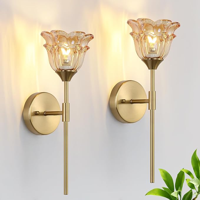 2 Pack Gold Wall Sconce with Modern Amber Glass Shades, Modern Mid Century Bathroom Vanity Wall Light Fixtures, Industrial Brushed Brass Wall Lamp, for Bedroom Mirror Living Room, ETL Listed - Bloomnest