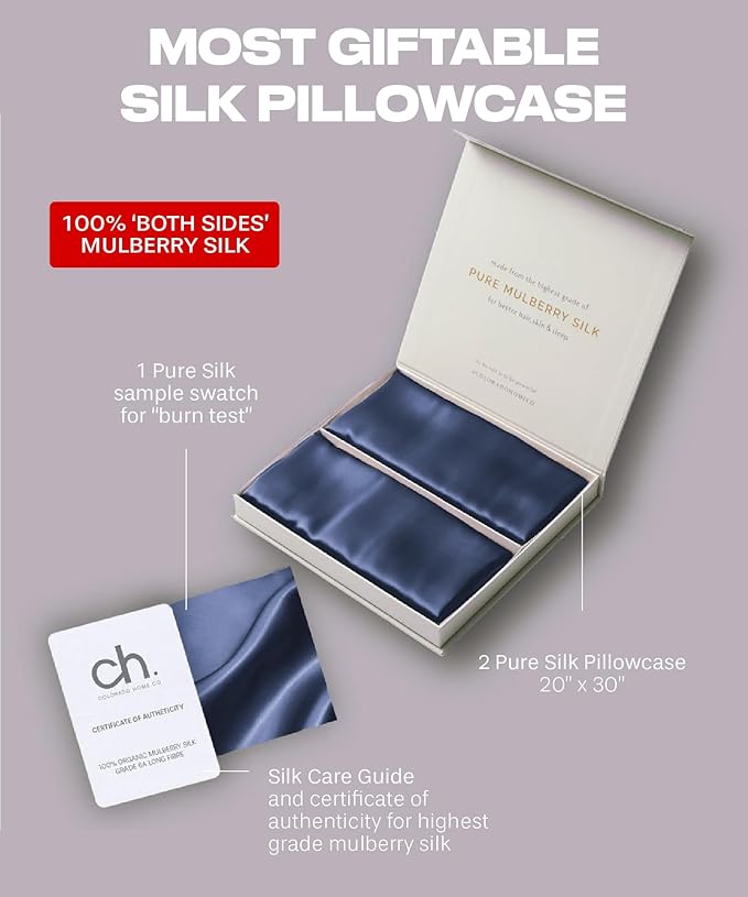 SUNDAYSILKS™ | Silk Pillow Cases 2 Pack | 22 Momme Mulberry Silk Pillowcase Set of 2 | All Sides 100% Pure Silk Slip Pillowcases Bliss for Couples, Zipper | Standard Queen, King Size, 6A [Navy Blue] - Bloomnest