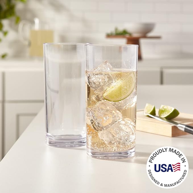 US Acrylic Classic Clear Plastic Reusable Drinking Glasses (Set of 6) 16oz Water Cups | BPA-Free Tumblers, Made in USA | Top-Rack Dishwasher Safe - Bloomnest
