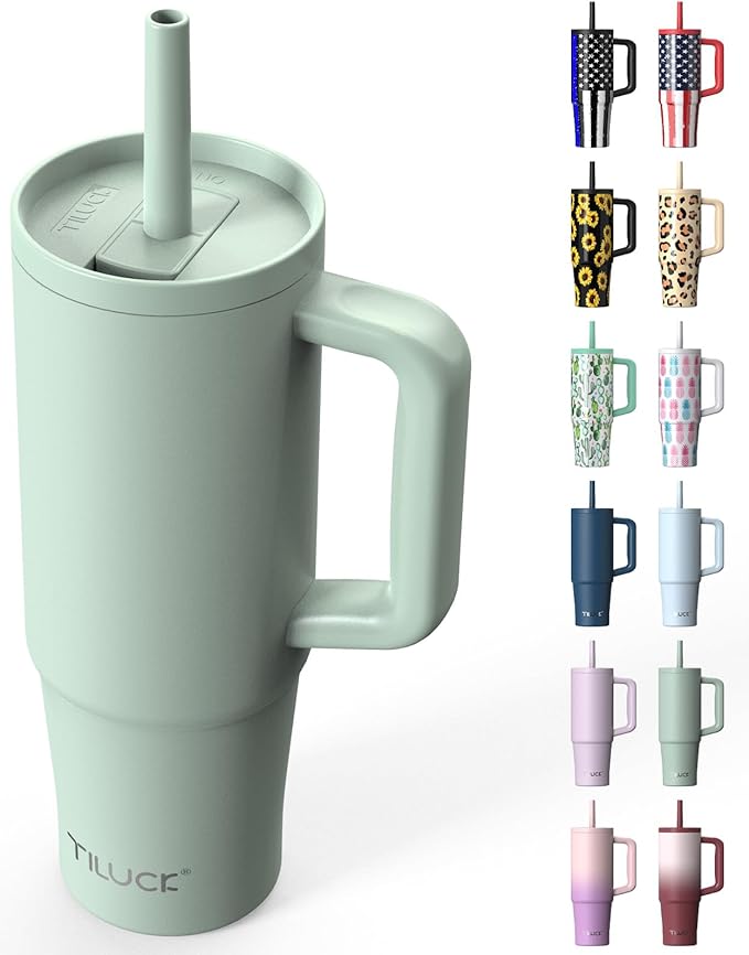 TILUCK 30 oz Tumbler with Handle, Vacuum Insulated Stainless Steel Travel Mug with 100% Leak-Proof Silicone Straw Lid, Cupholder Friendly Water Bottle(MintGreen, 30oz)