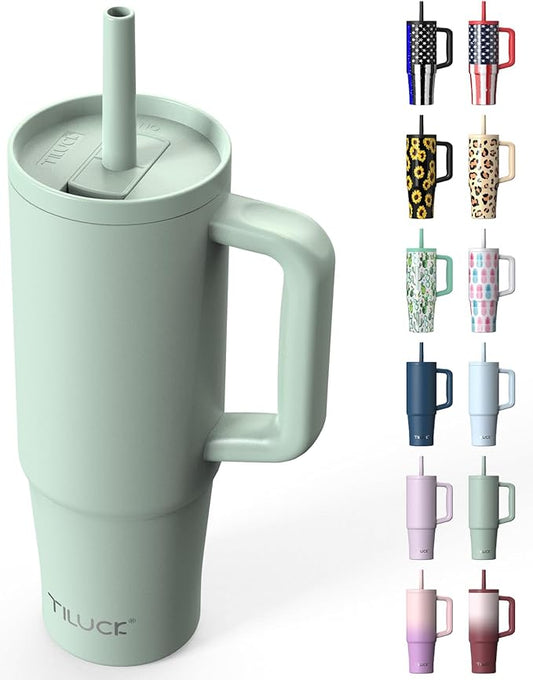 TILUCK 30 oz Tumbler with Handle, Vacuum Insulated Stainless Steel Travel Mug with 100% Leak-Proof Silicone Straw Lid, Cupholder Friendly Water Bottle(MintGreen, 30oz)