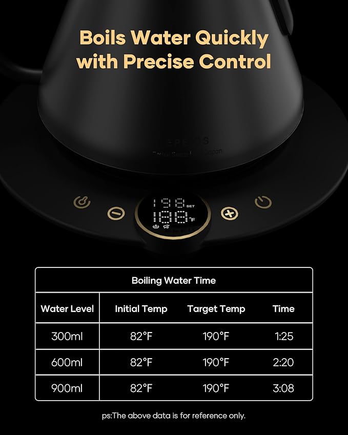 Cocinare FLOW B9 Gooseneck Electric Kettle, Precise Temperature Control for Pour-Over Coffee & Tea Brewing, Stainless Steel Interior, Rapid Heating for Boiling Water, 1500W/0.9L (Matte Black) - Bloomnest