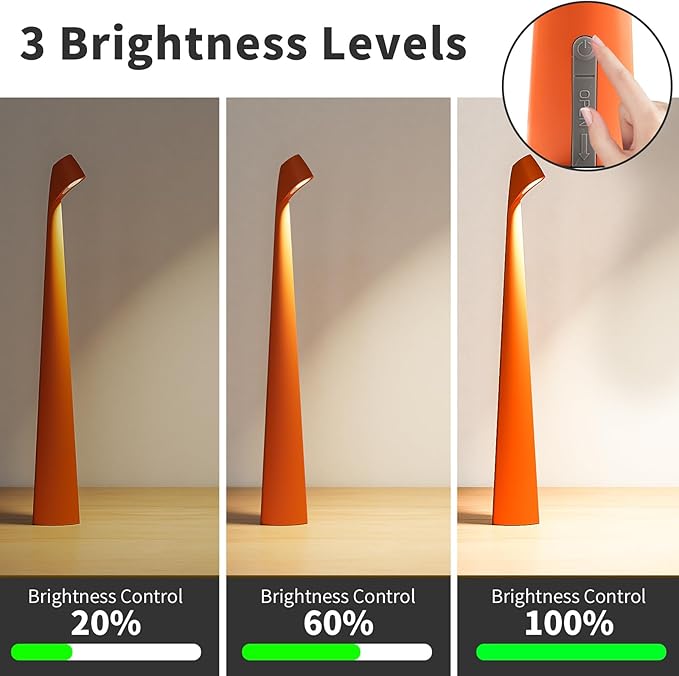 Portable Cordless LED Desk Lamp, Rechargeable Wireless Table Lamp, 3-Level Brightness, Patio & Bedside Night Light, Dining Room Ambient Reading Light (Orange) - Bloomnest