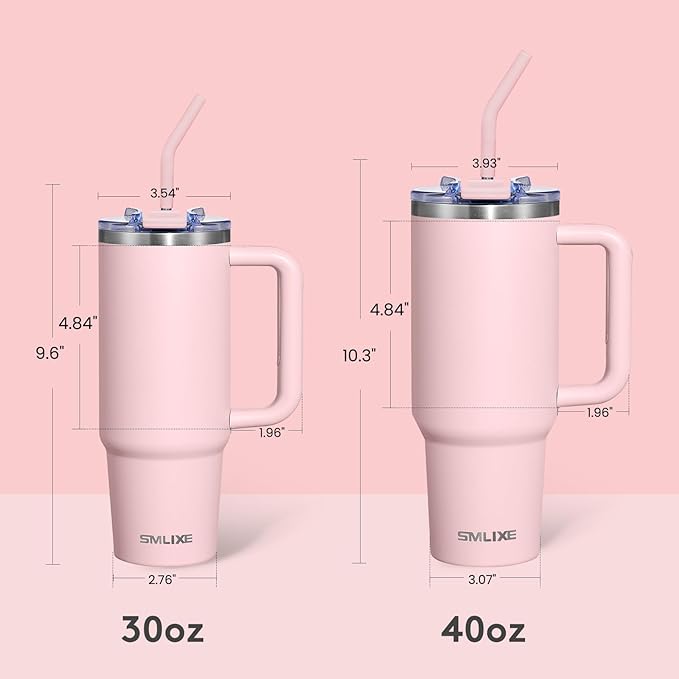 30 oz Tumbler with Handle, Tumbler with Lid and Straw, Double Wall Vacuum Insulated Travel Mug Stainless Steel Tumbler for Hot and Cold, Cupholder Friendly (Pink) - Bloomnest