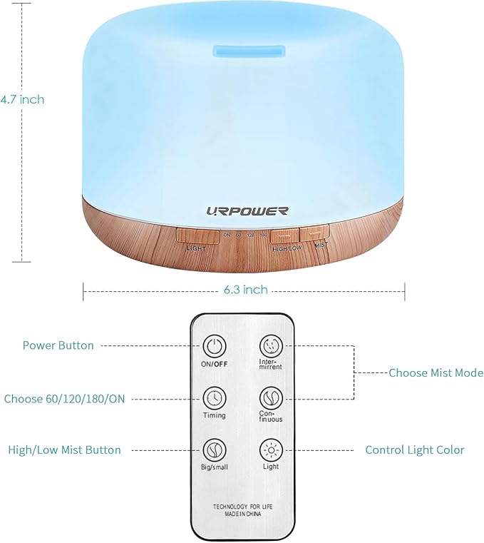 URPOWER 500ml Aromatherapy Essential Oil Diffuser Humidifier Room Decor Lighting with 4 Timer Settings, 7 LED Color Changing Lamp and Waterless Auto Shut-Off - Bloomnest