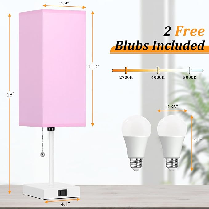 18'' Table Lamp for Bedroom set of 2,3-Color Bedside Lamps with Pull Chain Table Lamps for Night stands ,Small Night Light Lamps with 2 Bulbs Lamps for Living Room Kids Room Office Decor（Pink+White） - Bloomnest