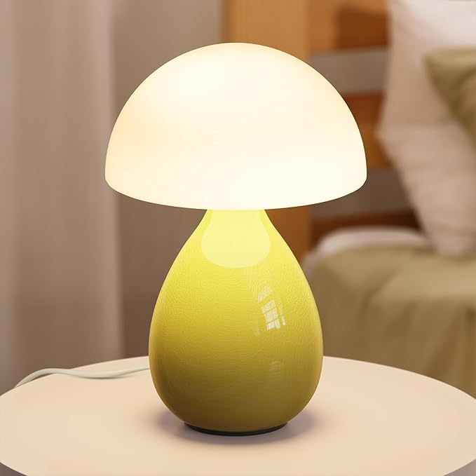 Mushroom Lamp Bedside, Mini Modern Lamp Small Vintage Table Nightstand Light, Small Light Dimmable for Bedroom, Living Room, Ceramic Base Glass Led Home Decor for Woman Children Gift - Bloomnest