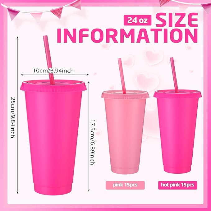 Honeydak 30 Pack Tumbler with Straw and Lid Bulk Water Bottle Iced Coffee Travel Mug Cup Reusable Plastic Cups for Party Birthdays 24-27 oz (Pink and Rose Red Color) - Bloomnest