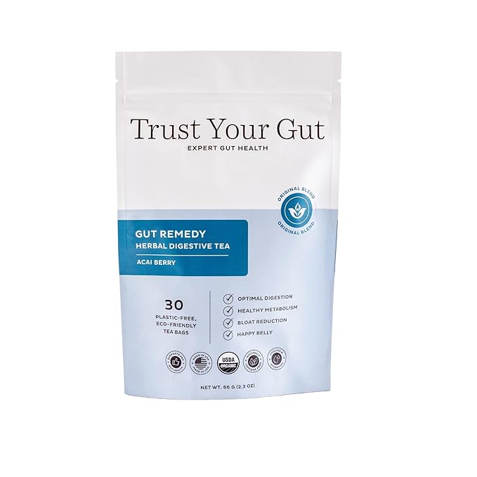 Trust Your Gut Organic Herbal Tea Blend – Lemon Balm, Holy Basil, Dandelion & Ginger Root – Supports Healthy Digestion & Gut Balance – Acai Berry, 30 Bags - Bloomnest