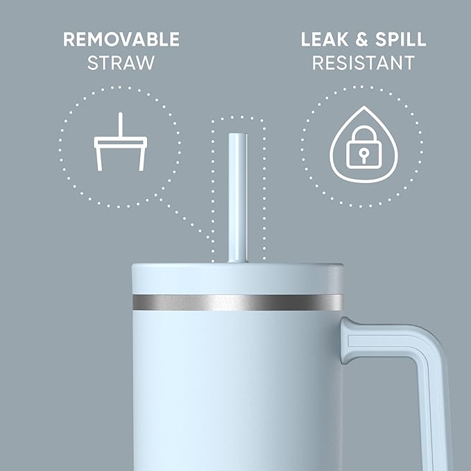 Hydrapeak Voyager 40 Oz Stainless Steel Tumbler with Handle, Insulated Water Bottle With Straw & Lid, Cupholder Friendly Reusable Travel Mug (Powder Blue) - Bloomnest