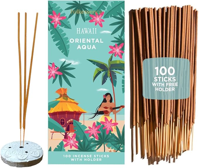 Folkulture Incense Sticks with Holder (100 Sticks)| Premium Summer Scents Incents Stick For Aromatherapy, Relaxation | No Charcoal,Organic,Non Toxic, 45 Mins Slow Burning Insence-Sticks|Hawai Inspired