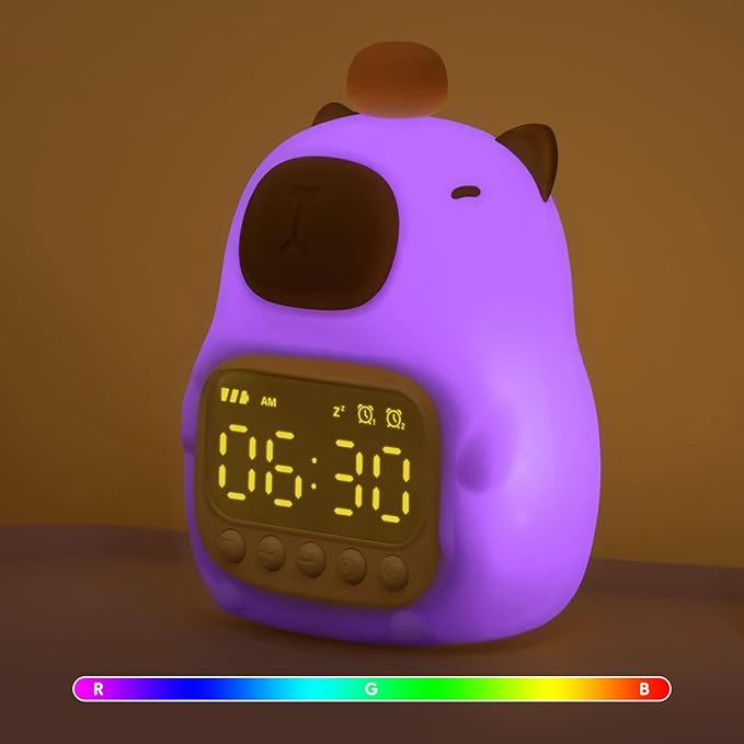 Capybara Alarm Clock with Night Light for Kids, Cute Toddler Alarm Clocks for Bedrooms Ok to Wake Clocks for Girls and Boys, Silicone Animal Tabletop Lamp for Kid, RGB Color - Bloomnest