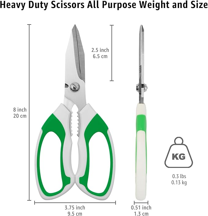 8-Inch Heavy Duty Utility Scissors All Purpose, Serrated Blade, Green Comfort Grip for Cutting Carpet, Cardboard, Leather, Fabric, Multipurpose Sharp Shears for Kitchen, Garden, Office, Carft - Bloomnest