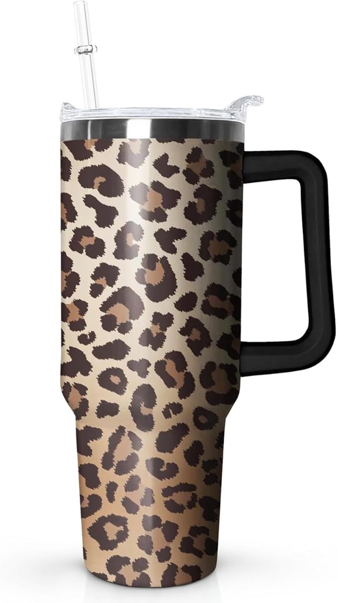 Ceovfoi 40 Oz Tumbler With Handle, Leopard Print Cheetah Coffee Travel Mug Cup, Water Bottle, Decor, Gifts for Women - Bloomnest